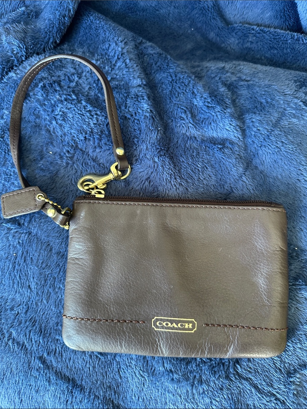 Coach Dark Brown Leather Wristlet with Gold Hardware